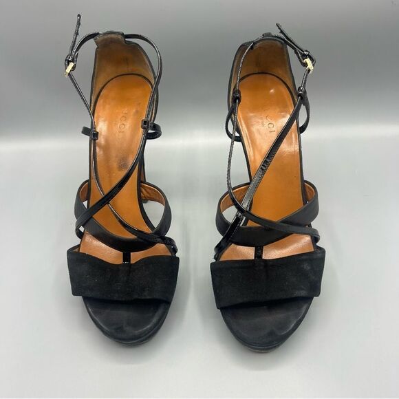 Gucci Suede Leather Trim T-Strap Stiletto Strappy Platform Sandal Black - Picture 1 of 11
